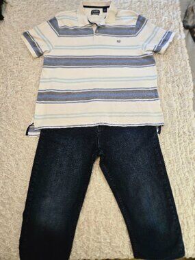 Chaps Men’s XL Striped Polo + 38x29 Dark Wash Straight Jeans Outfit Set